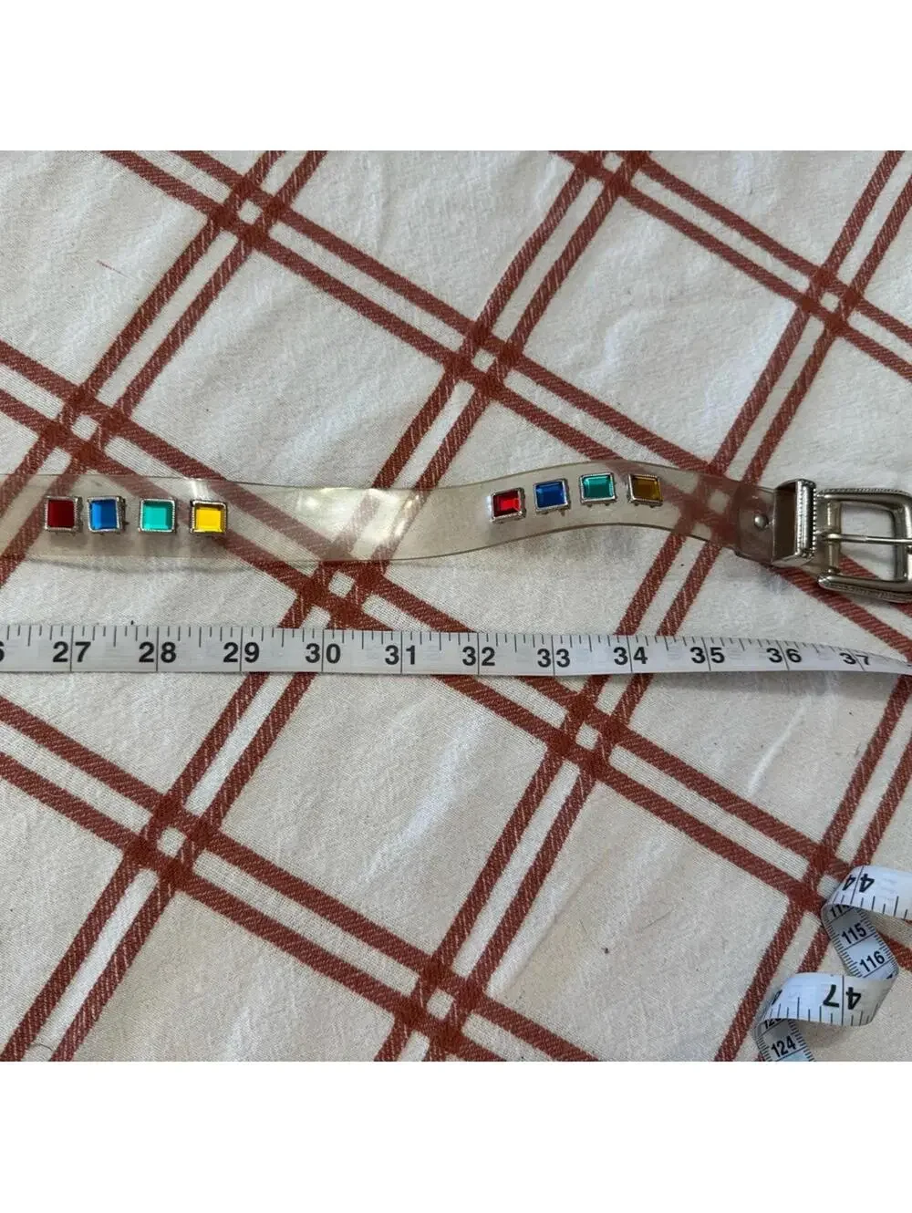 Vtg Clear Plastic Belt Multicolor Rhinestone Gem Accents & Silver Buckle 36”